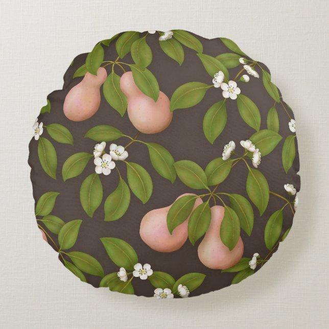Pink Pears (dark brown) Round Cushion (Front)