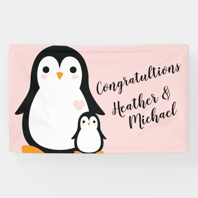 Pink Penguin Baby Shower Banner (Horizontal)