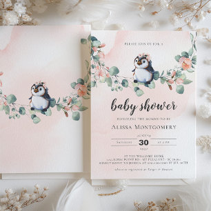 Pink Penguin Baby Shower Girl Invitation