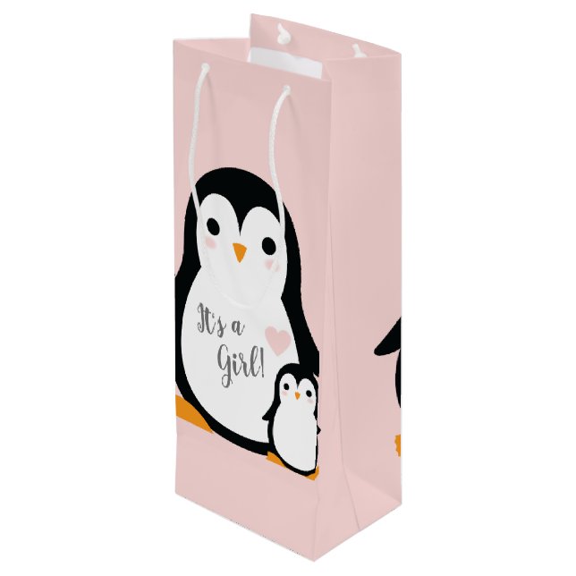 Pink Penguin Baby Shower Wine Gift Bag (Back Angled)