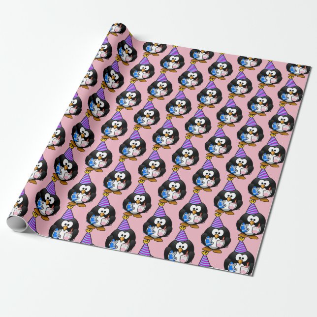 Pink Penguin Birthday Gift Wrap (Unrolled)