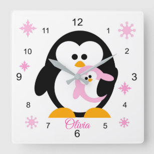 Pink Penguin Girl Square Wall Clock