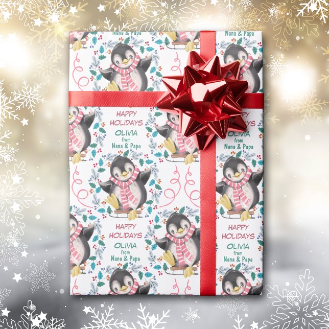 Pink Penguin Sled Wreath Christmas Wrapping Paper (Creator Uploaded)