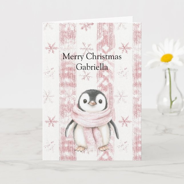 Pink Penguin Snowflakes Christmas Card (Small Plant)