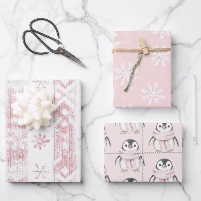 Pink Penguin Snowflakes Christmas Wrapping Paper Sheet (Front)