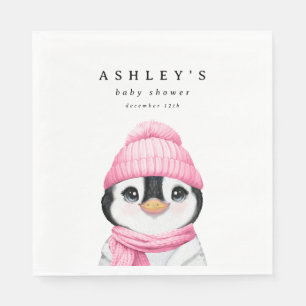 Pink Penguin Winter Baby Shower Napkin