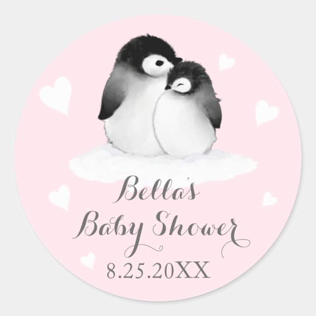 Pink Penguins Baby Shower Stickers (Front)