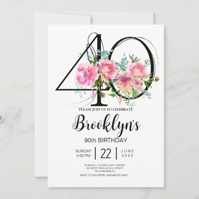 Pink Peonies 40th Birthday  Invitation (Front)