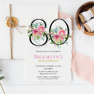 Pink Peonies 80th Birthday  Invitation