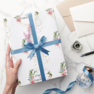 Pink Peonies & Abstract Gold Names Wrapping Paper