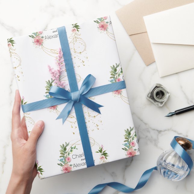 Pink Peonies & Abstract Gold Names Wrapping Paper (Gifting)