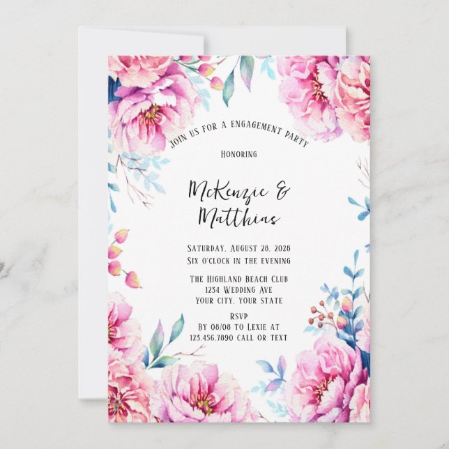 Pink Peonies Airy Floral Engagement Party Invitation (Front)