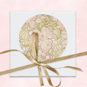 Pink Peonies Alphonse Mucha Classic Round Sticker