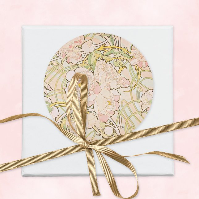 Pink Peonies Alphonse Mucha Classic Round Sticker (Creator Uploaded)
