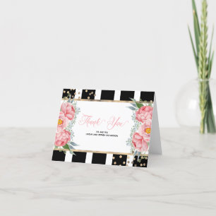 Pink Peonies and Black Stripes Elegant Thank You Card