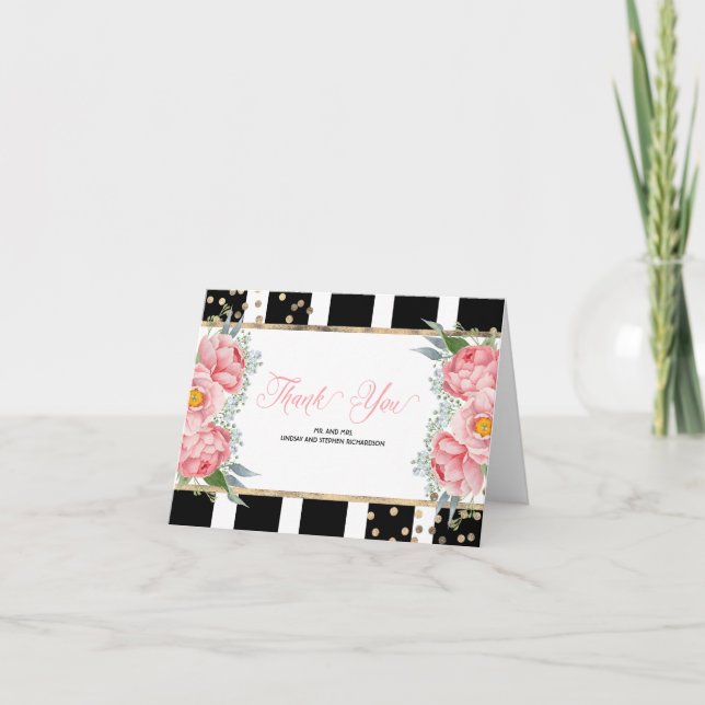 Pink Peonies and Black Stripes Elegant Thank You Card (Front)
