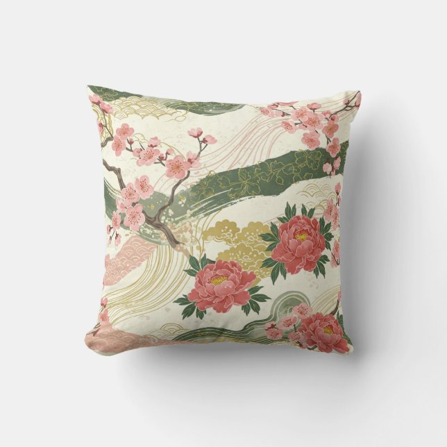 Pink peonies and cherry blossoms throw pillows (Front)