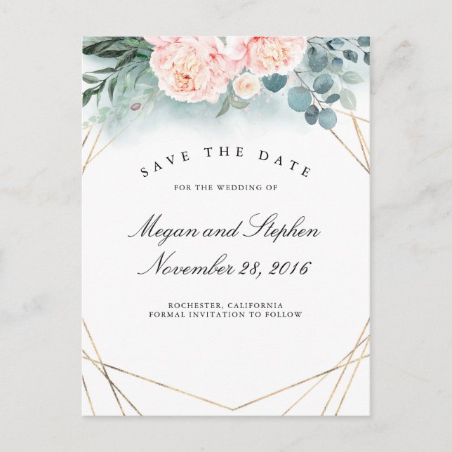 Pink Peonies and Gold Frame Modern Save the Date Announcement Postcard (Front)