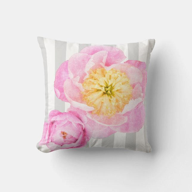 Pink Peonies and Grey Stripes Monogram Cushion (Front)