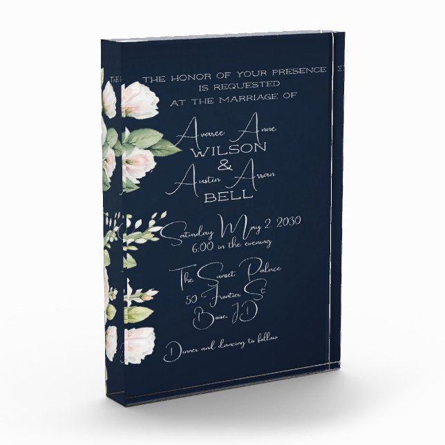 Pink Peonies and Navy Wedding Invitation Photo Block (Left)