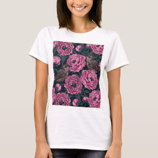 Pink peonies and wrens on dark grey T-Shirt