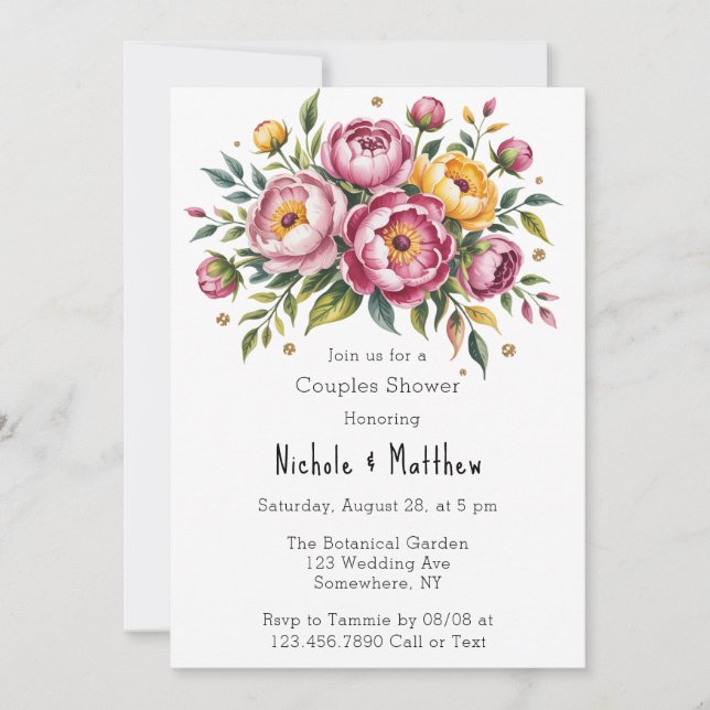 Pink Peonies and Yellow Floral Couples Shower Invitation (Front)
