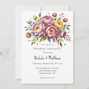 Pink Peonies and Yellow Floral Wedding Celebration Invitation