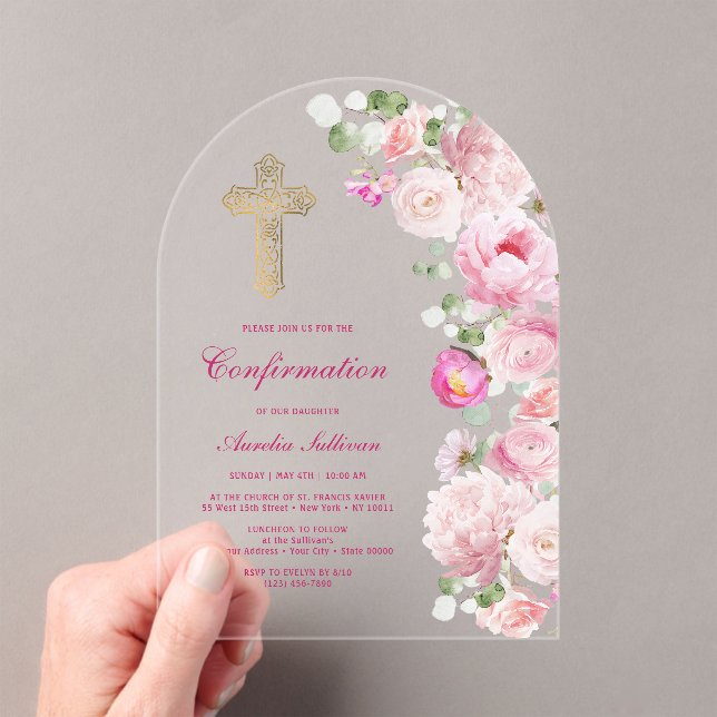 Pink Peonies Arch Confirmation Acrylic Invitations (Insitu (Handheld))