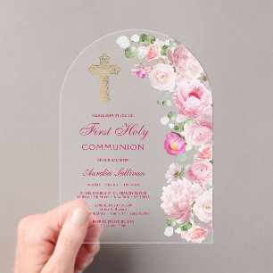 Pink Peonies Arch First Communion Acrylic Invitations