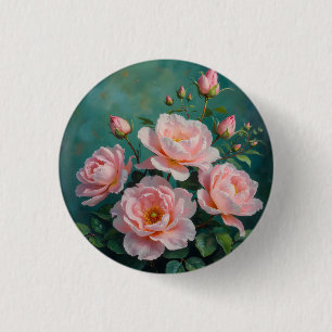 Pink Peonies Artwork on Emerald Green 3 Cm Round Badge
