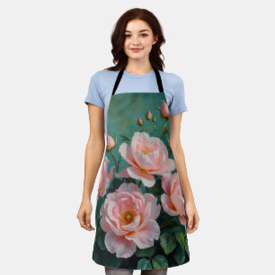 Pink Peonies Artwork on Emerald Green Apron