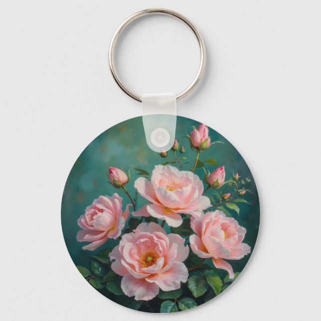 Pink Peonies Artwork on Emerald Green Key Ring (Front)