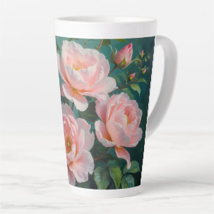 Pink Peonies Artwork on Emerald Green Latte Mug