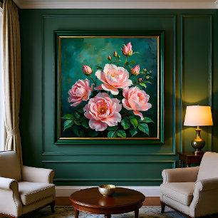Pink Peonies Artwork on Emerald Green Photo Print