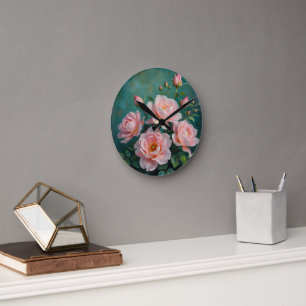 Pink Peonies Artwork on Emerald Green Round Clock