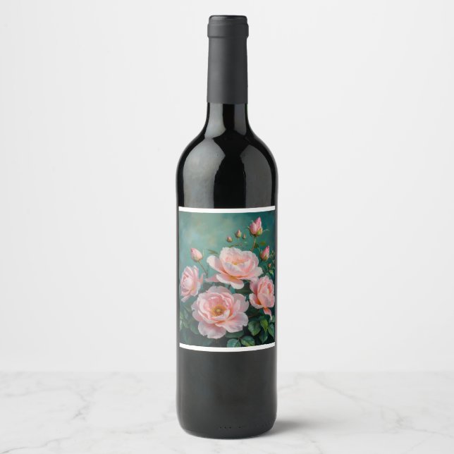 Pink Peonies Artwork on Emerald Green Wine Label (Front)