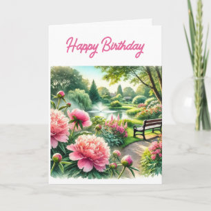Pink Peonies at Park Happy Birthday Greeting Card