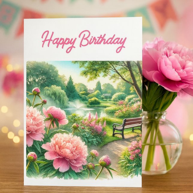 Pink Peonies at Park Happy Birthday Greeting  Card (Elegant birthday card with pink peonies, garden bench, and fountain—peaceful and celebratory)