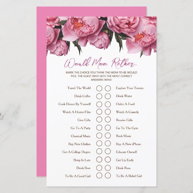 Pink Peonies Baby Shower Game Would Mum Rather... (Front/Back)