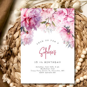 Pink peonies birthday party watercolor invitation