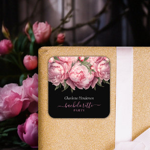 Pink Peonies Black Bachelorette Party Square Sticker