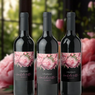 Pink Peonies Black Bachelorette Party Wine Label