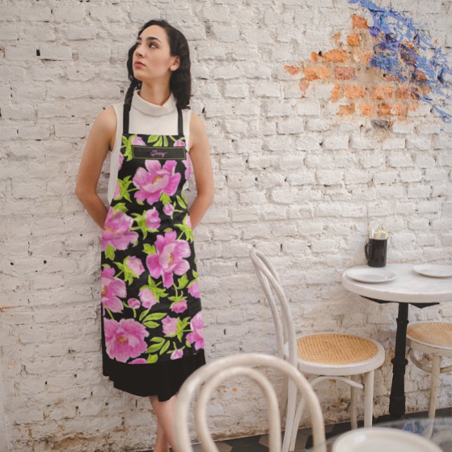 Pink Peonies Black Background Apron (Creator Uploaded)