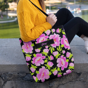 Pink Peonies Black Background Tote Bag