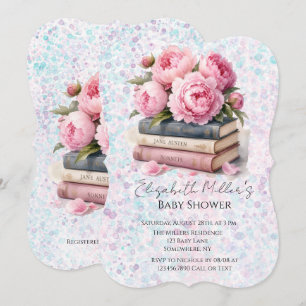 Pink Peonies & Books Girl Baby Shower Invitation