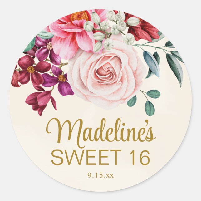 Pink Peonies Burgundy Floral Leaves Sweet 16  Classic Round Sticker (Front)
