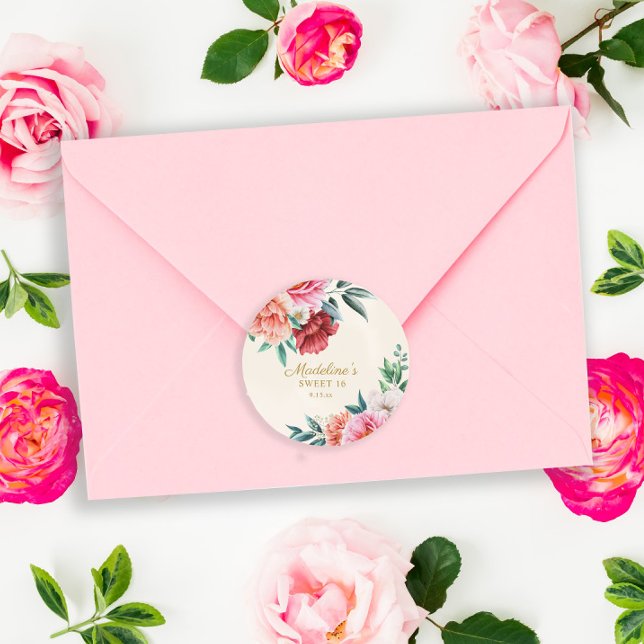 Pink Peonies Burgundy Floral Leaves Sweet 16   Classic Round Sticker (Creator Uploaded)