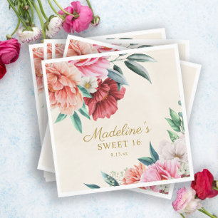 Pink Peonies Burgundy Floral Leaves Sweet 16 Napkin