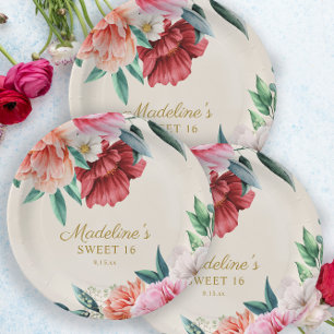 Pink Peonies Burgundy Floral Leaves Sweet 16  Paper Plate