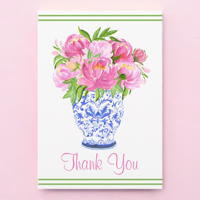 Pink Peonies Chinoiserie Vase Border Thank You Card (Creator Uploaded)